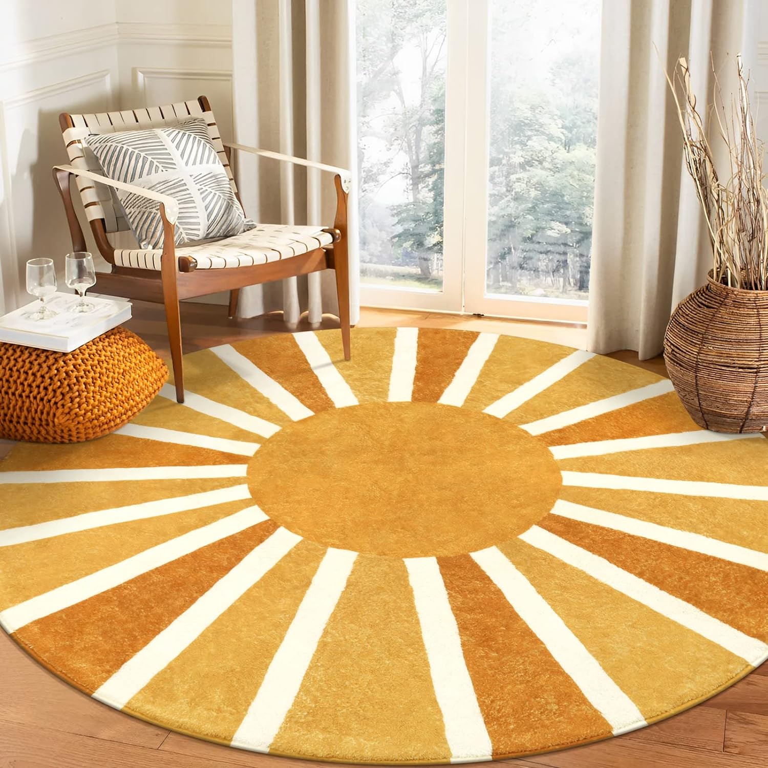 Round Rugs 6Ft - Washable Round Area Rugs for Living Room Non-Slip Throw Dining Room Rug Soft Large Round Rug, Cute Rainbow Sun Print Circle Rug for Office Classroom Bedroom Nursery