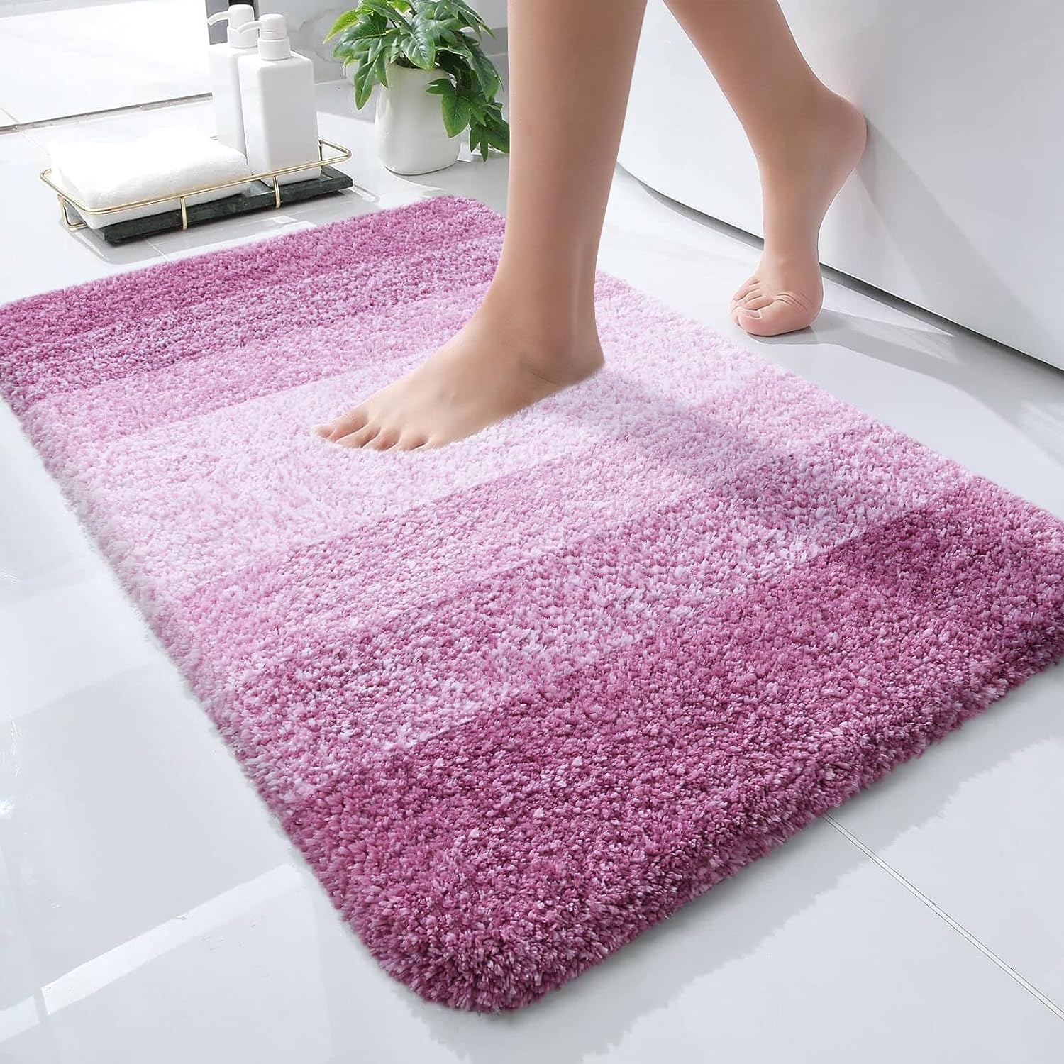 Luxury Bathroom Rug Mat 24x16, Extra Soft and Absorbent Microfiber Bath Rugs, Non-Slip Plush Shaggy Bath Carpet, Machine Wash Dry, Bath Mats for Bathroom Floor, Tub and Shower, Purple