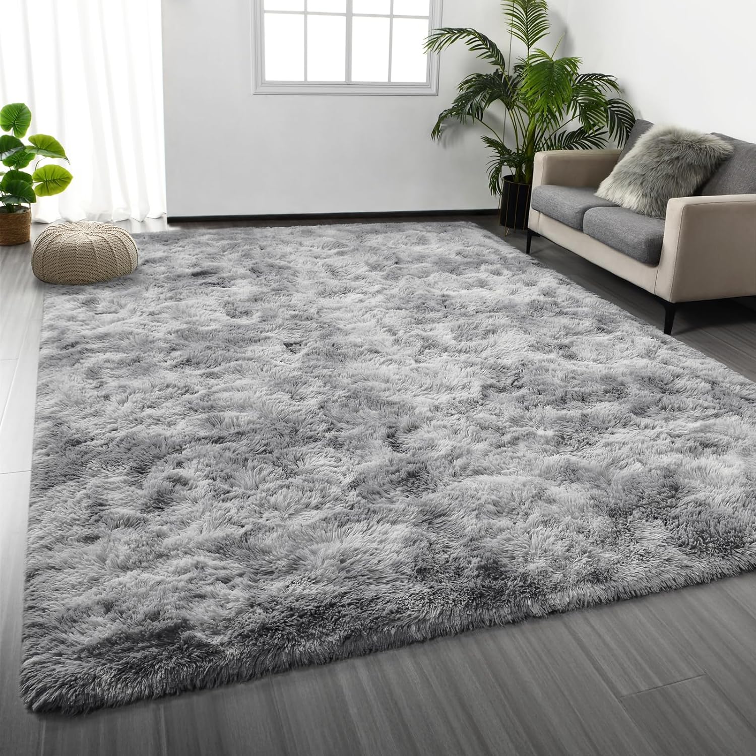 Large Shag Area Rugs 6 x 9, Tie-Dyed Plush Fuzzy Rugs for Living Room, Ultra Soft Fluffy Furry Rugs for Bedroom, Anti-Skid Indoor Carpet Nursery Rugs for Kids Room Home Decor, Light Grey
