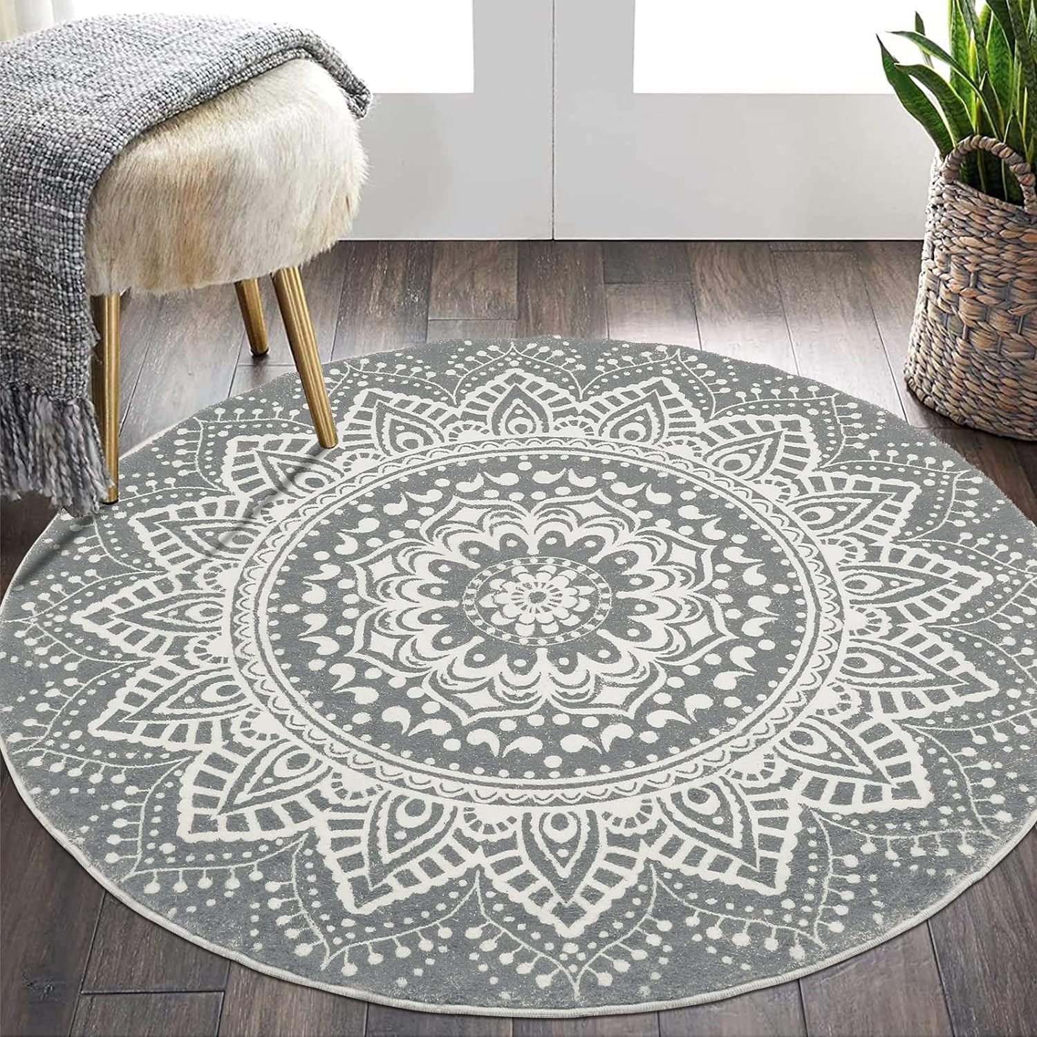 4 Ft Round Area Rug Soft Chic Mandala Machine Washable Non Slip Indoor Sofa Floor Mat Carpet for Living Room Bedroom Nursery Decor, Grey