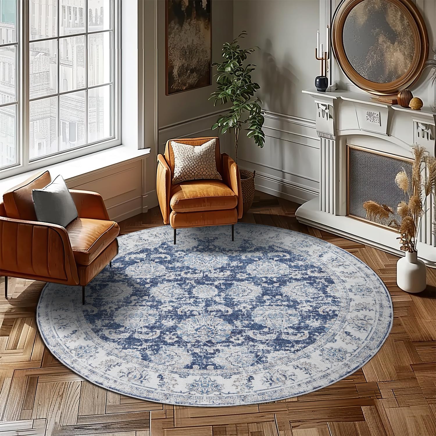 Round Rug 4ft Area Rug Indoor Vintage Hallway Circle Rug 4' Round Washable Thin Rug Floral Print Non Slip with Rubber Backing for Living Room Dining Room Bedroom Entryway Dark Blue