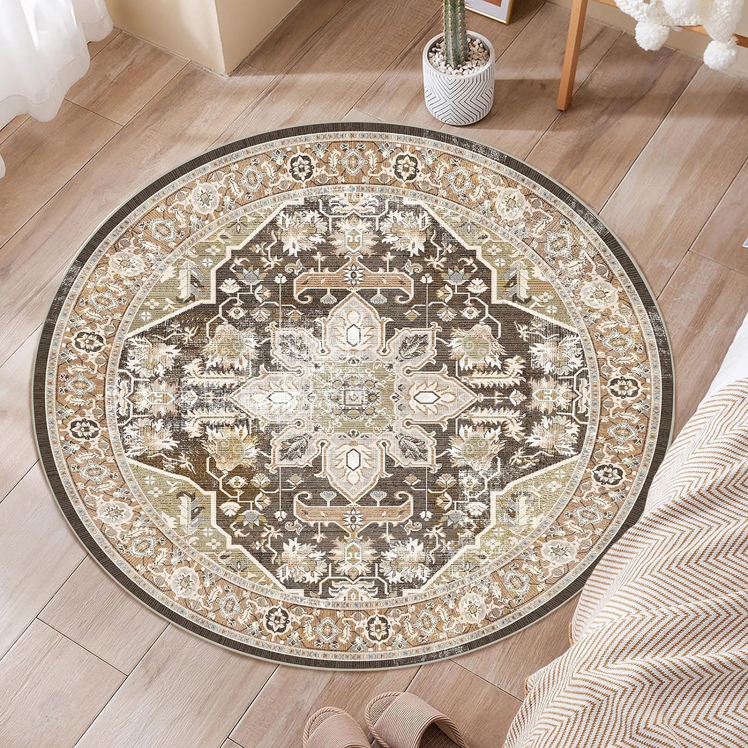 Area Rug - Round 5 Low-Pile Machine Washable Rug Vintage Rug with Non-Slip Backing, Non-Shedding Indoor Floor Rugs for Living Room Bedroom Kitchen Laundry Home Office Carpet,Brown