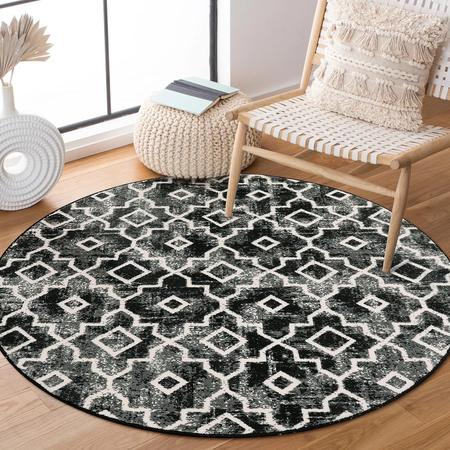 Round Rug 3ft - Washable Black Small Circle Bathroom Rug Non-Slip Modern Geometric Bedroom Round Area Mat Non-Shedding Accent Floor Carpet for Entryway Kitchen Laundry